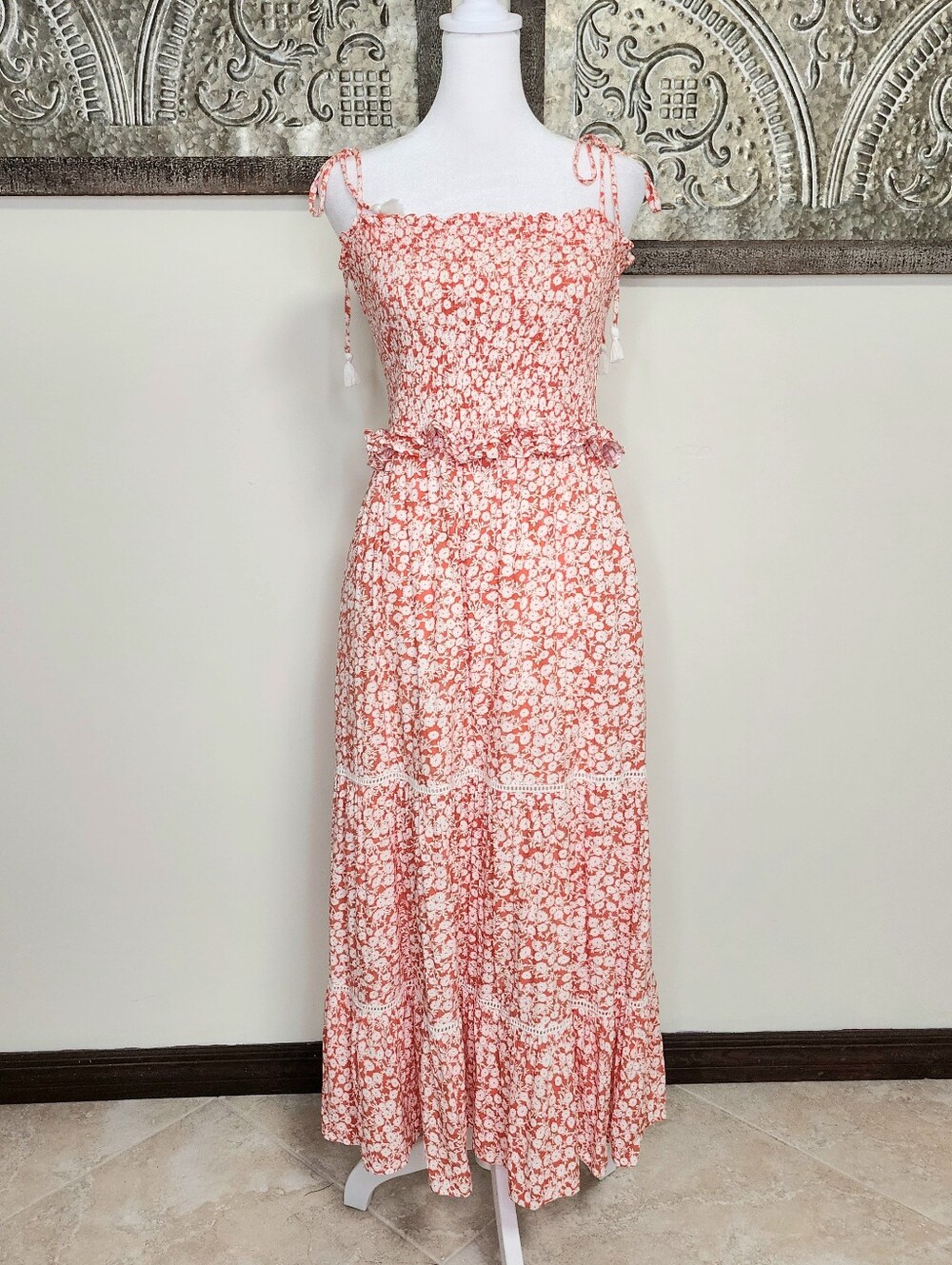 Lost & Wander Smocked Orange Floral Maxi Dress Tie Straps Small Summer Picnic
